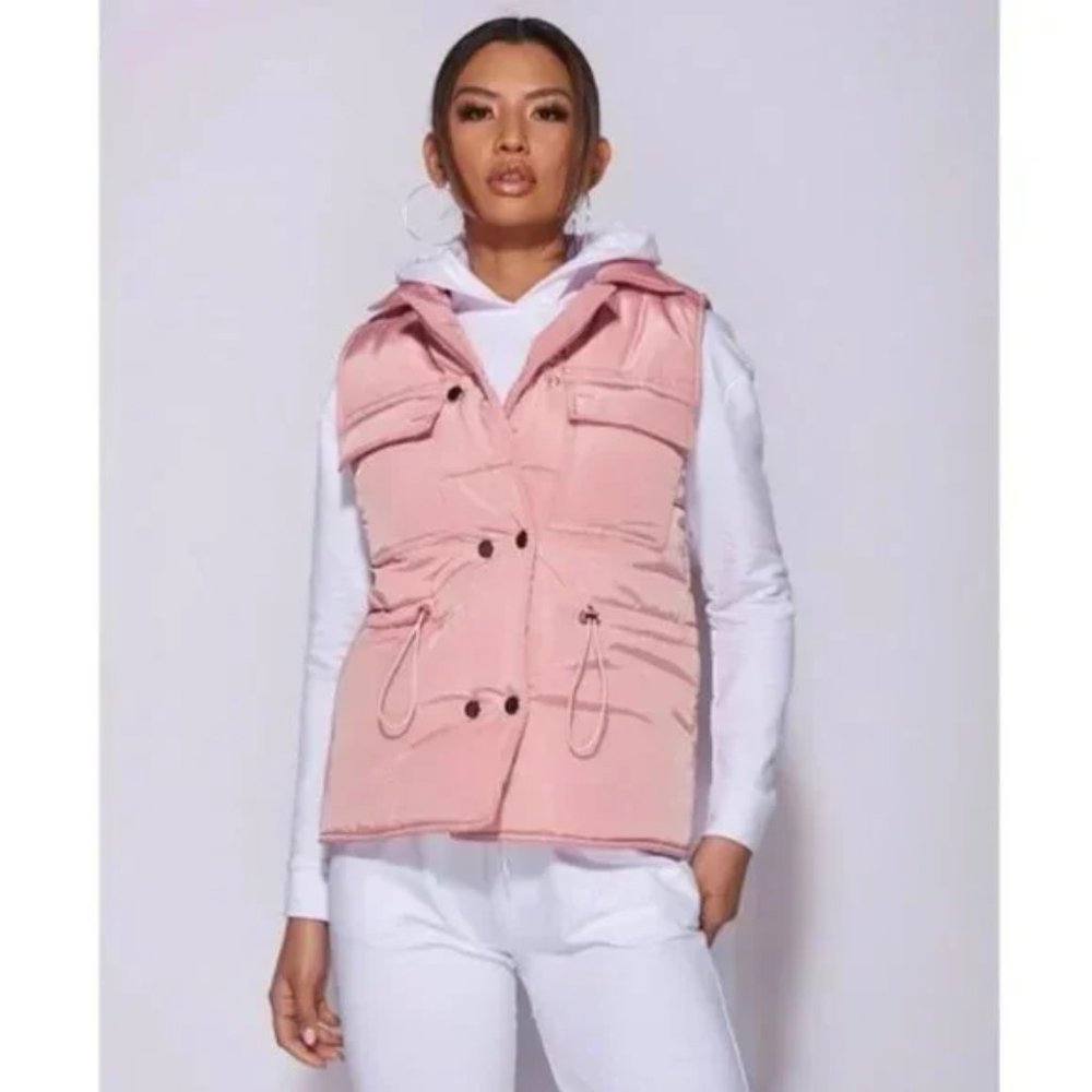 Pink Sleeveless Collared Double Breasted Padded Puffer Jacket Vest Gilet - Picture 5 of 16